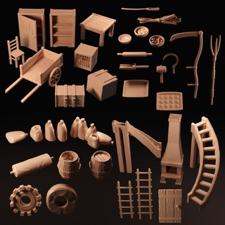 windmill objects props making tlon Toys & Games Tabletop Characters Creatures Fantasy Universe Board Store 3D Printable Terrain chair door oven table terrain cage stairs scythe mill cart barrel chest farmer fireplace scenery crate sacks presupported 3d print model - Mito3D