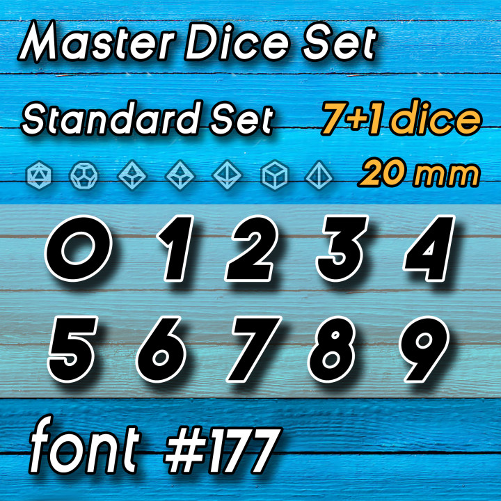 master dice set font 177 vault Toys & Games Tabletop accessories Board 3d stl dungeons gaming rpg 3dprint resin dungeonsanddragons masters d20 d&d molds dnd form2 dicemasters formlabs gamingdice moldmaking masterdice 3D print model - Mito3D