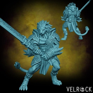 male leonin warrior greatsword presupported velrock art miniatures Toys & Games Tabletop Characters Creatures Fantasy Universe Board Store barbarian cat fantasy fighter lion tribal magic mtg paladin dungeons dragons catfolk supported ajani plains 3d print model - Mito3D
