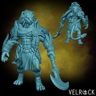 male leonin warrior glaive presupported velrock art miniatures Toys & Games Tabletop Characters Creatures Fantasy Universe Board Store barbarian cat fantasy fighter lion tribal magic mtg paladin dungeons dragons catfolk supported plains 3d print model - Mito3D