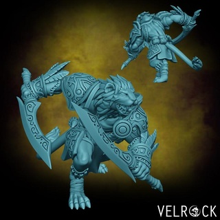 male leonin warrior swords daggers claws shield presupported velrock art miniatures Toys & Games Tabletop Characters Creatures Fantasy Universe Board Store barbarian cat fantasy fighter lion tribal magic mtg paladin dungeons dragons catfolk plains 3d print model - Mito3D