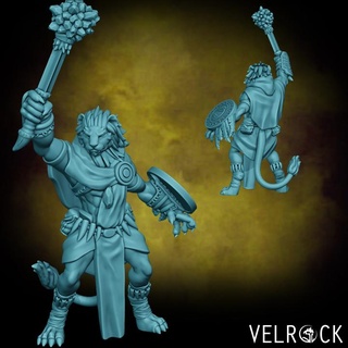 male leonin healer mace shield presupported velrock art miniatures Toys & Games Tabletop Characters Creatures Fantasy Universe Board Store barbarian cat fantasy fighter lion tribal warrior magic mtg paladin dungeons dragons catfolk supported plains 3d print model - Mito3D