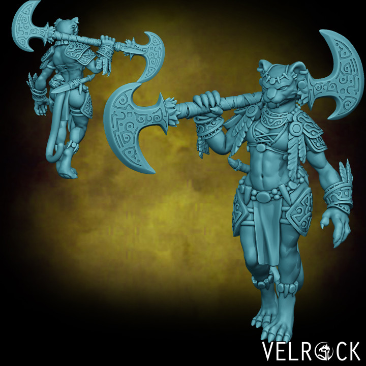 female leonin warrior glaive presupported velrock art miniatures Toys & Games Tabletop Characters Creatures Fantasy Universe Board Store barbarian cat fantasy fighter lion tribal magic mtg paladin dungeons dragons catfolk supported plains 3D print model - Mito3D