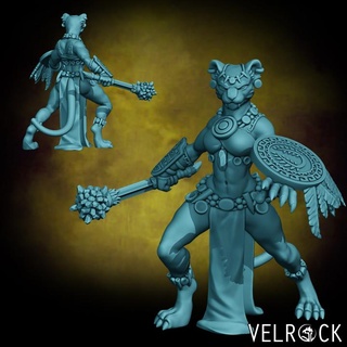 female leonin healer mace shield presupported velrock art miniatures Toys & Games Tabletop Characters Creatures Fantasy Universe Board Store barbarian cat fantasy fighter lion tribal warrior magic mtg paladin dungeons dragons catfolk supported plains 3d print model - Mito3D