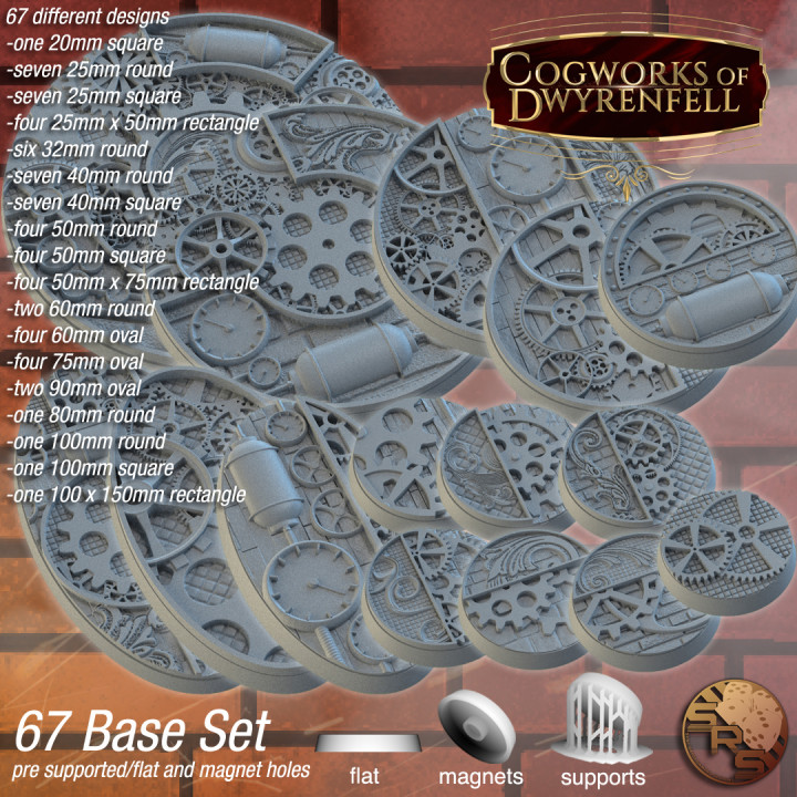 steampunk bases srs studios Toys & Games Tabletop accessories Characters Creatures Fantasy Universe Board fantasy gaming gears oval rpg square warhammer tabletop round dwarves kharadron 3D print model - Mito3D