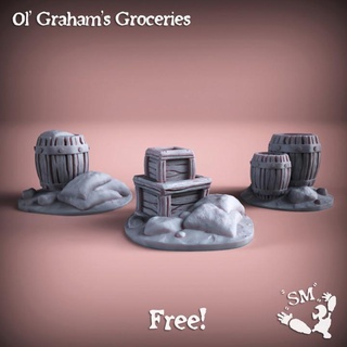 ol' graham's scatter terrain solo miniatures Toys & Games Tabletop accessories Characters Creatures Fantasy Universe Board box fantasy old apocalypse barrel sack scenery abandoned 3d print model - Mito3D