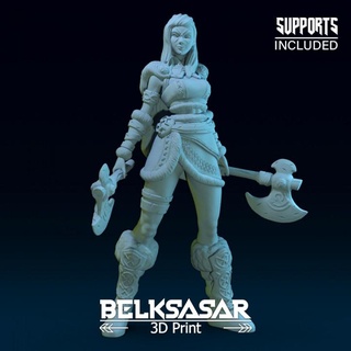 girl viking belksasar 3dprint Toys & Games Tabletop Characters Creatures Fantasy Universe Board armor axe barbarian beautiful boots detailed fantasy female realistic warrior woman 28mm dnd leather skirt marks cloak fell 3d print model - Mito3D