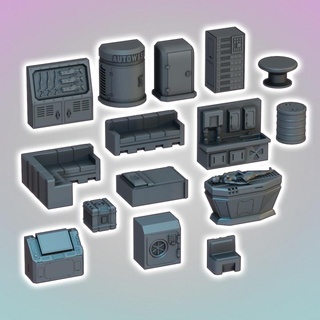 city scatter pack three indoor saucermen studios Toys & Games Tabletop Characters Creatures Sci-Fi Universe 3D Printable Terrain Board computer furniture futuristic gun storage table terrain rack locker workbench terminal console 28mm scenery crate 32mm couch 3d print model - Mito3D