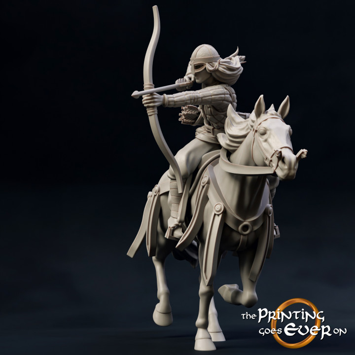 ridermercia mounted archer - female presupported printing goes ever Toys & Games Tabletop Characters Creatures Fantasy Universe Board Store fantasy knight lady mini viking wargaming warhammer warrior horse miniature lotr norse tabletop ranger cavalry rider 28mm dnd valkyrie frostgrave skirmish bowman 5e norman pre-supported saxon statblock 3D print model - Mito3D
