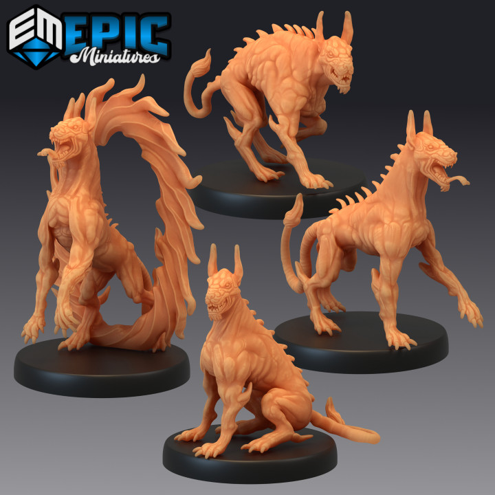 portal dog set blink hound demon canine epic-miniatures Toys & Games Tabletop Characters Creatures Fantasy Universe Board Store devil fantasy guard hell medieval monster rpg running warhammer magic sla evil enemy sitting tabletop dungeon dnd pathfinder npc teleport pre-supported attacking supported pre blinking teleporting 3D print model - Mito3D