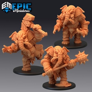 elephant folk paladin set tusked warrior player character epic-miniatures Toys & Games Tabletop Characters Creatures Fantasy Universe Board Store fantasy medieval monster rpg star sword warhammer sla hammer enemy mace tabletop dungeon dnd flail adventurer pathfinder npc morning loxodon pre-supported supported pre 3d print model - Mito3D