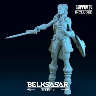 challenger viking variant 2 belksasar 3dprint Toys & Games Tabletop Characters Creatures Fantasy Universe Board armor barbarian beautiful detailed fantasy female girl realistic shield sword symbol woman fabric dnd leather skirt marks cloak fell 3d print model - Mito3D