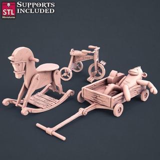 townsfolks chariot singe tricycle cheval bois stl miniatures jouets Jeux table personnages créatures fantaisie univers planche boutique 3D imprimable terrain décoration jeux guerre accessoires 3d print model - Mito3D