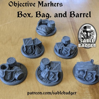 objective markers - box bag barrel fantasy games brander roullett warhammer 28mm 32mm frostgrave sablebadger 3d print model - Mito3D