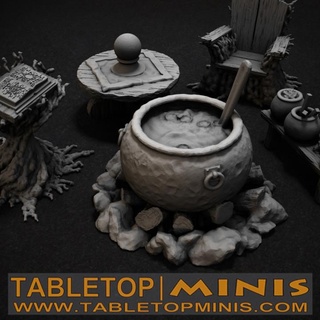 witches cauldron tabletopminis Toys & Games Tabletop Characters Creatures Fantasy Universe Board Store 3D Printable Terrain book chair cooking pot fire books witch soup bench bookstand cook throne ladle wicker couldron broth boiling 3d print model - Mito3D