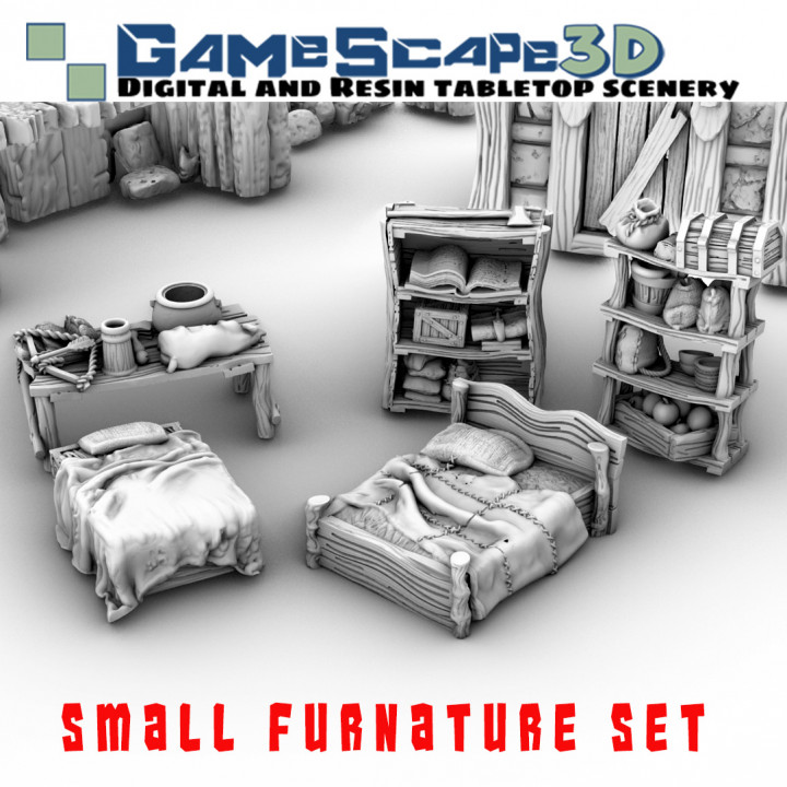 pequeña mueble conjunto gamescape3d juguetes juegos mesa caracteres criaturas fantasía universo tablero Tienda 3D imprimible terreno estante cama gabinete 3D print model - Mito3D