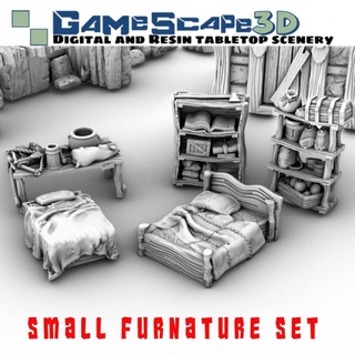 small furniture set gamescape3d Toys & Games Tabletop Characters Creatures Fantasy Universe Board Store 3D Printable Terrain shelf table bed cabinet 3d print model - Mito3D