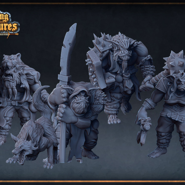 bugbears roleplaying & miniatures Tabletop Characters Creatures barbarian beast games goblin set warrior wolf miniature brute tabletop bugbear warlock druid presupported wolve 3D print model - Mito3D
