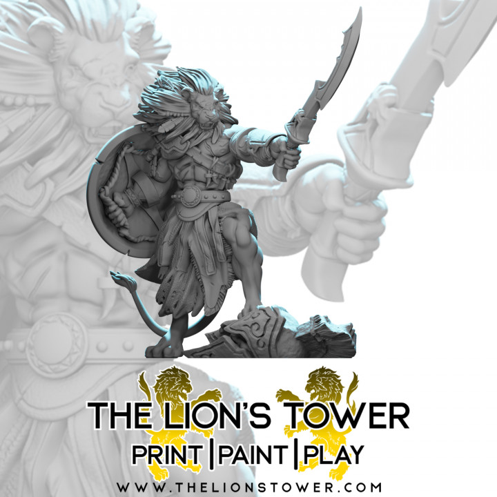 leonin chief kopesh 32mm scale presupported miniature lion's tower adventurers guild Tabletop Characters & Creatures barbarian fantasy fighter greek rpg warhammer warrior dungeonsanddragons dnd pathfinder frostgrave dandd hoplite theros icewinddale shadowdeep 3D print model - Mito3D