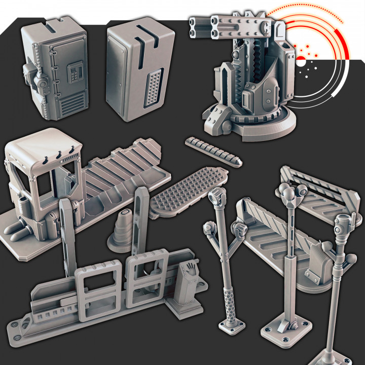 sci-fi scenery - security set support-free evan carothers Tabletop accessories Characters & Creatures Sci-Fi Universe Vehicles Machines Store scifi 3D print model - Mito3D