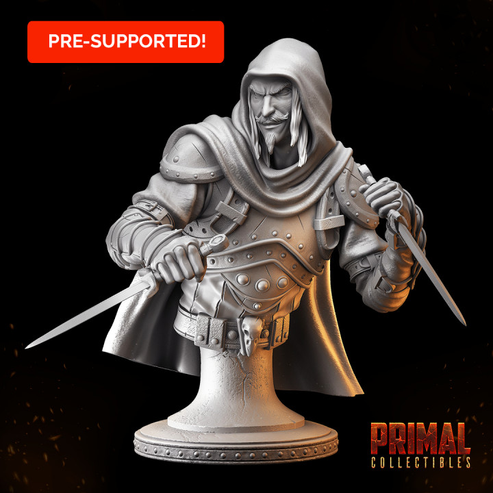 thief - balthazar wade bust masters dungeons quest primal collectibles Tabletop Characters & Creatures classic dragons epic fantasy hero retro rpg treasure war warrior miniature enemy paint boardgame roleplaying oldschool wargame retrogame tabletopgame classicgame 3D print model - Mito3D