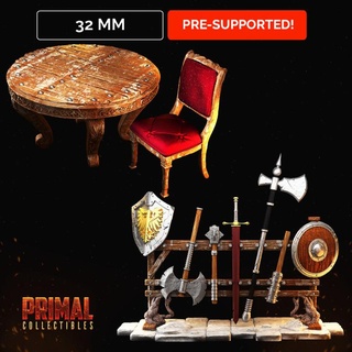 table + chair weapons rack - masters dungeons quest primal collectibles Tabletop accessories Store axe classic dragons epic fantasy hero retro rpg shield sword war warrior miniature enemy paint boardgame roleplaying wargame retrogame tabletopgame funiture weaponsrack classicgame 3d print model - Mito3D