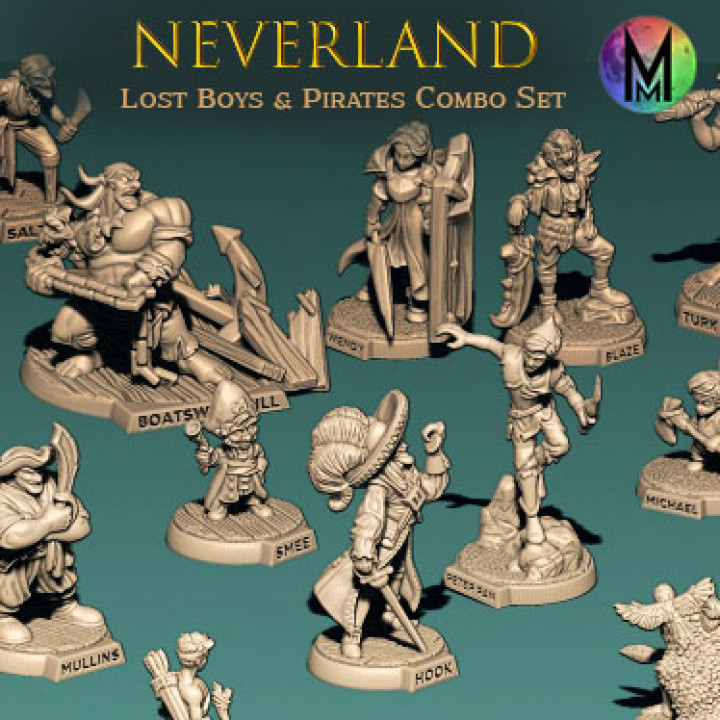 Terra completo conjunto luar minis christine furgão Patten tampo mesa personagens criaturas fantasia universo dragões masmorras gancho perdido miniaturas pirata panela Peterpan heróico capitão Peter Rapazes d piratas escultor arco íris wndy 3D print model - Mito3D