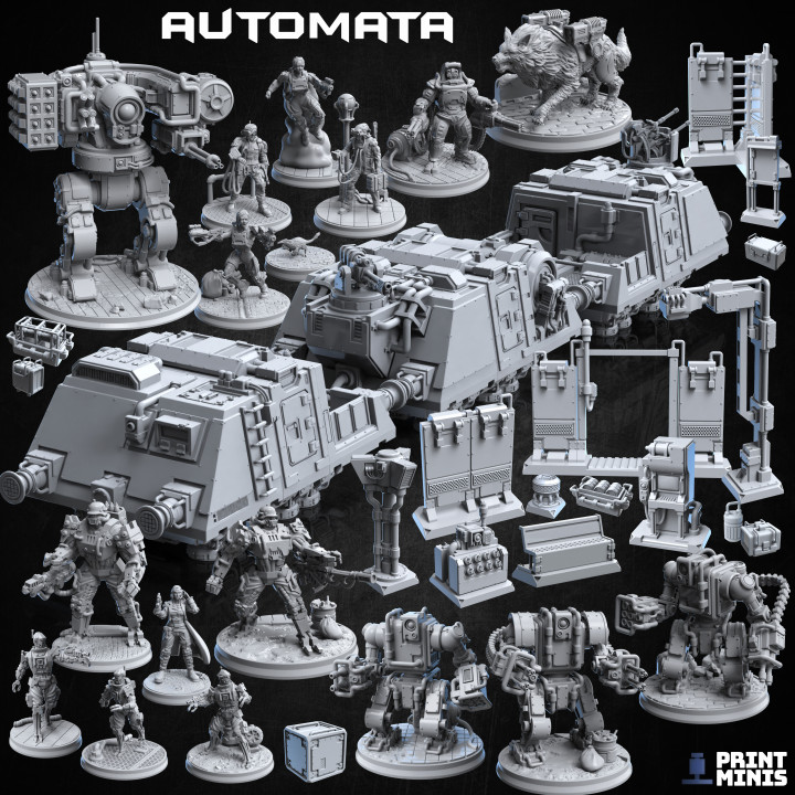 autómatas colección asalto entrenar recuperar carga impresión minis mesa vehiculos máquinas androide hembra héroe industrial máquina robot sci fi soldado terreno lobo militar mech cyberpunk estación urbano jetpack paisaje dieselpunk oficial tropas 3D print model - Mito3D