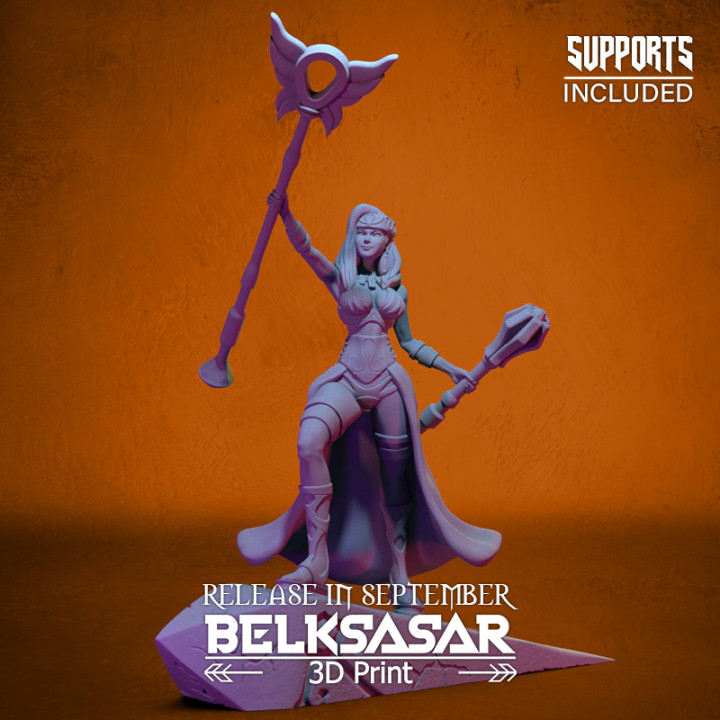 battle priestess belksasar 3dprint Tabletop Characters & Creatures armor beautiful detailed fantasy female girl realistic woman priest staff boardgames mace patreon 28mm dnd skirt healer straps sands 3D print model - Mito3D
