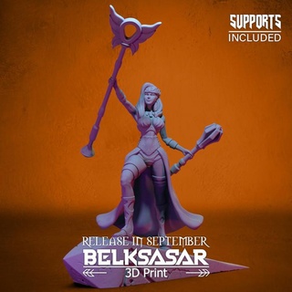 battle priestess belksasar 3dprint Tabletop Characters & Creatures armor beautiful detailed fantasy female girl realistic woman priest staff boardgames mace patreon 28mm dnd skirt healer straps sands 3d print model - Mito3D