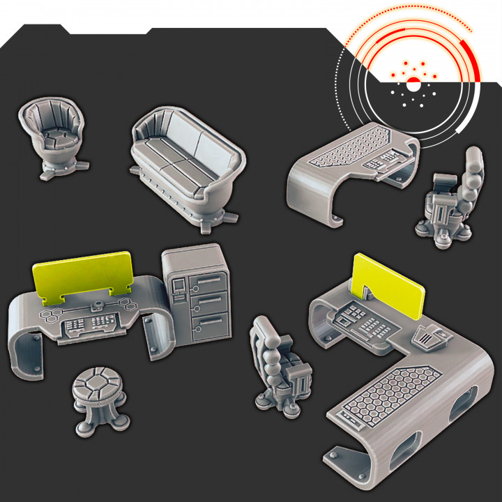 sci-fi scenery - office furniture support-free evan carothers Tabletop Characters & Creatures Sci-Fi Universe 3D Printable Terrain Store 3D print model - Mito3D