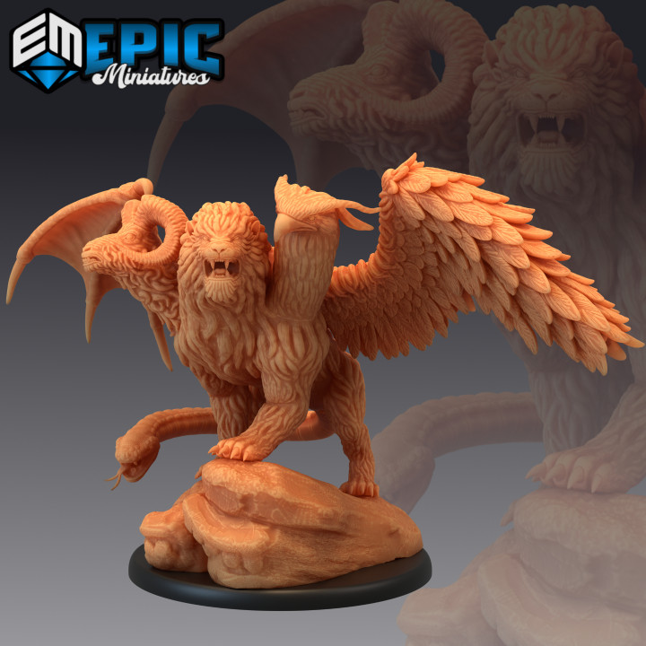 chimera classic artificial creature multi head beast epic-miniatures Tabletop Characters & Creatures Fantasy Universe Store bird dragon eagle fantasy lion medieval monster ram rpg warhammer goat sla snake enemy tabletop dungeon dnd serpent pathfinder npc pre-supported supported pre 3D print model - Mito3D