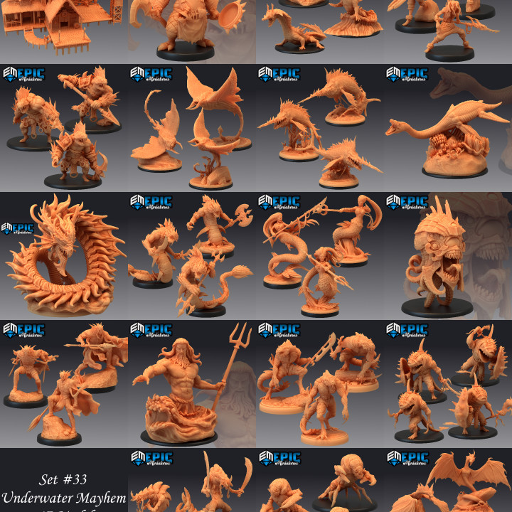 underwater mayhem set sea & water encounter ocean collection pre-supported epic-miniatures Store fantasy medieval monster rpg warhammer sla enemy tabletop dungeon dnd pathfinder npc supported pre 3D print model - Mito3D