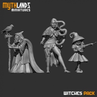 witches pack mythlands miniatures Tabletop Characters & Creatures Fantasy Universe Store cat crow halloween magic miniature witch mage snake wargame dungeon dnd sorceress 32mm 3dminiature mythlandsminiatures 3d print model - Mito3D
