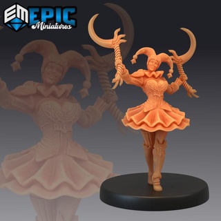 harlequin mad girl female scary jester horror circus & carnival clown epic-miniatures Tabletop Characters Creatures Fantasy Universe Store fantasy medieval monster rpg warhammer sla enemy tabletop dungeon dnd pathfinder npc pre-supported supported pre 3d print model - Mito3D