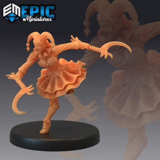 harlequin mad girl attacking female scary jester horror circus & carnival clown epic-miniatures Store fantasy medieval monster rpg warhammer sla enemy tabletop dungeon dnd pathfinder npc pre-supported supported pre 3d print model - Mito3D