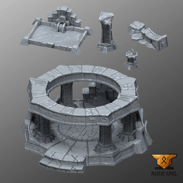 olvidado templo columnas bienes hacedores yunque mesa 3D imprimible terreno Tienda azteca fantasía martillo guerra paisaje hombres lagarto 3D print model - Mito3D