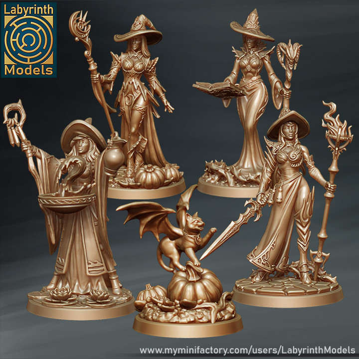 sorcières ensemble 32mm échelle labyrinthe modèles table personnages créatures chat collection donjons cadeau héros rpg wargaming l'eau personnage Feu magie miniature sorcière lune mage jeu plateau guerre crépuscule Patreon familier fantaisie 3D print model - Mito3D