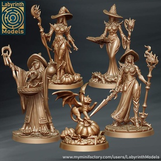 witches set - 32mm scale labyrinth models Tabletop Characters & Creatures cat collection dungeons gift hero rpg wargaming water character fire magic miniature witch moon mage boardgame wargame twilight patreon d&d sorceress familiar fantasytabletop 3d print model - Mito3D