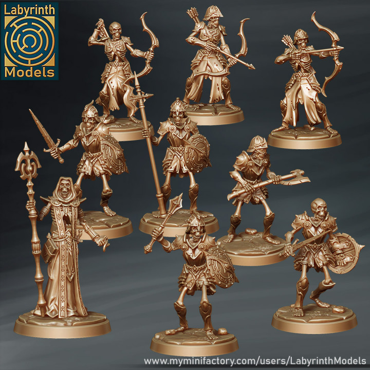 squelettes ensemble 32mm échelle labyrinthe modèles table personnages créatures archer collection fantaisie cadeau Halloween horreur rpg squelette Mort vivant wargaming marteau guerre magie jeu plateau liche démoniste Patreon archers guerriers sorcier nécromancien nécromancie 3D print model - Mito3D