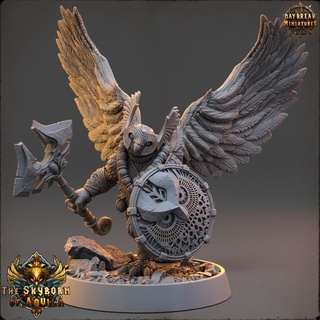 genzel grimwing - skyborn aquila daybreak miniatures Tabletop Characters & Creatures axe dragons dungeons owl shield wargaming wings tabletop birdman 32mm 75mm 3d print model - Mito3D