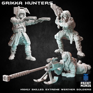 grikka hunters - 3 characters expedition collection print minis Tabletop Characters & Creatures Sci-Fi Universe army axe sci-fi soldier sniper snow hunter military team fighters troops sharpshooter 3d print model - Mito3D