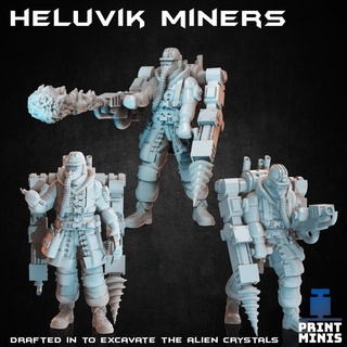 heluvik miners - 3 characters expedition collection print minis Tabletop Characters & Creatures Sci-Fi Universe fantasy machine sci-fi miner drill exoskeleton rig robotics workers engineers 3d print model - Mito3D