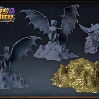 young cooper dragon roleplaying & miniatures Tabletop Characters Creatures Fantasy Universe coin gold reptile treasure miniature tabletop dnd drake pile presupported metallic 3d print model - Mito3D