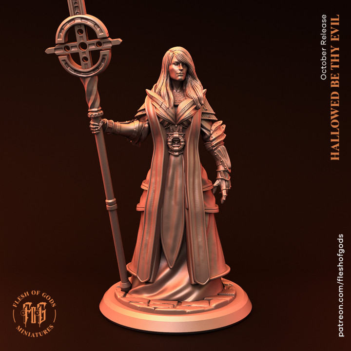 holy priest female cleric flesh gods Tabletop Characters & Creatures Fantasy Universe Store fantasy rpg woman staff dnd pathfinder fleshofgods 3D print model - Mito3D