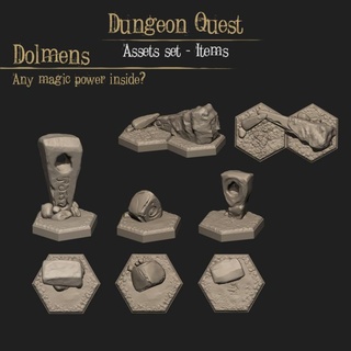 dolmens zaxisfactory Tabletop accessories 3D Printable Terrain Store Fantasy column door dragons dungeons fence game stone terrain water wall grave crystal arc hex tabletop trap map tiles rocks quest crates stair benches trapdoor dolmen hexes 3d print model - Mito3D