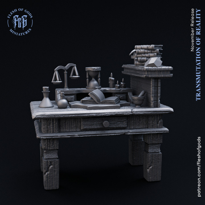 alchimiste atelier chair dieux table personnages créatures fantaisie univers 3D imprimable terrain soutenir science expérience lieu travail potion paysage scientifique 3D print model - Mito3D