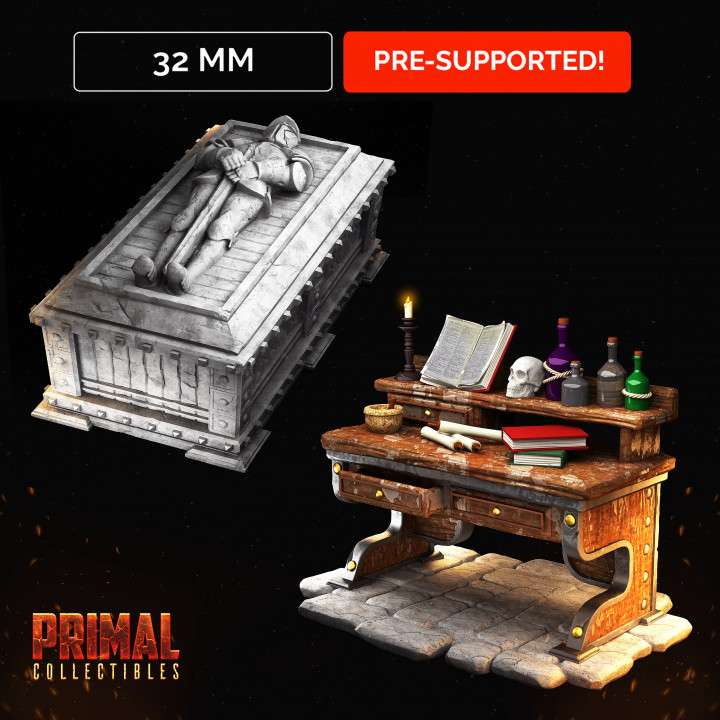 tomb alchemist table - masters dungeons quest primal collectibles  Tabletop Tabletop Characters & Creatures Store book candle classic dragons dungeons epic fantasy furniture hero knight retro rpg skull sword table tomb warrior miniature hammer enemy paint boardgame roleplaying wargame quest retrogame scenario alchemist tabletopgame classicgame  3D print model - Mito3D