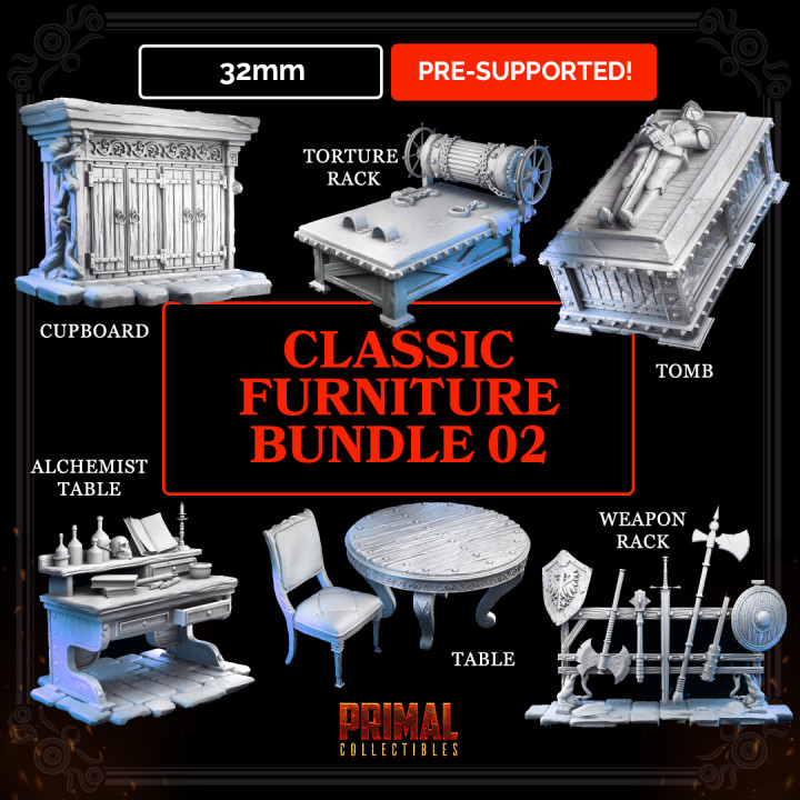32mm props furnitures - vol02 masters dungeons quest primal collectibles Tabletop 3D Printable Terrain Fantasy chair classic dragons epic fantasy hero miniatures retro table tomb warrior miniature weapons boardgame roleplaying wargame retrogame cupboard tabletopgame heroquest torturerack weaponsrack heroquestadvanced alchemisttable classicgame 3D print model - Mito3D