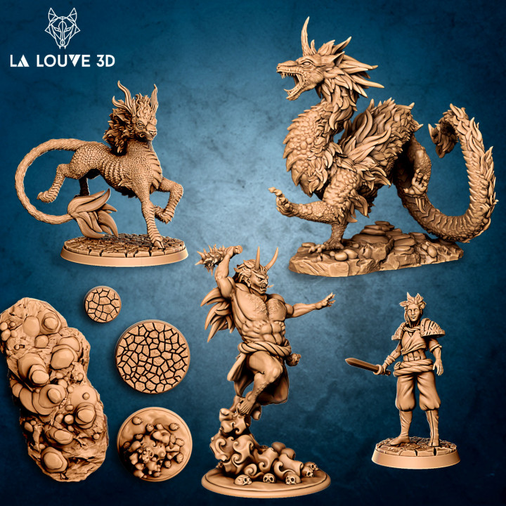 asiatisch Inspiration la Wolf 3d Tischplatte Zeichen Kreaturen Fantasie Universum Dämon Kreatur Drachen weiblich Monster Krieger Frau Minis oni 32mm Kirin 3D print model - Mito3D